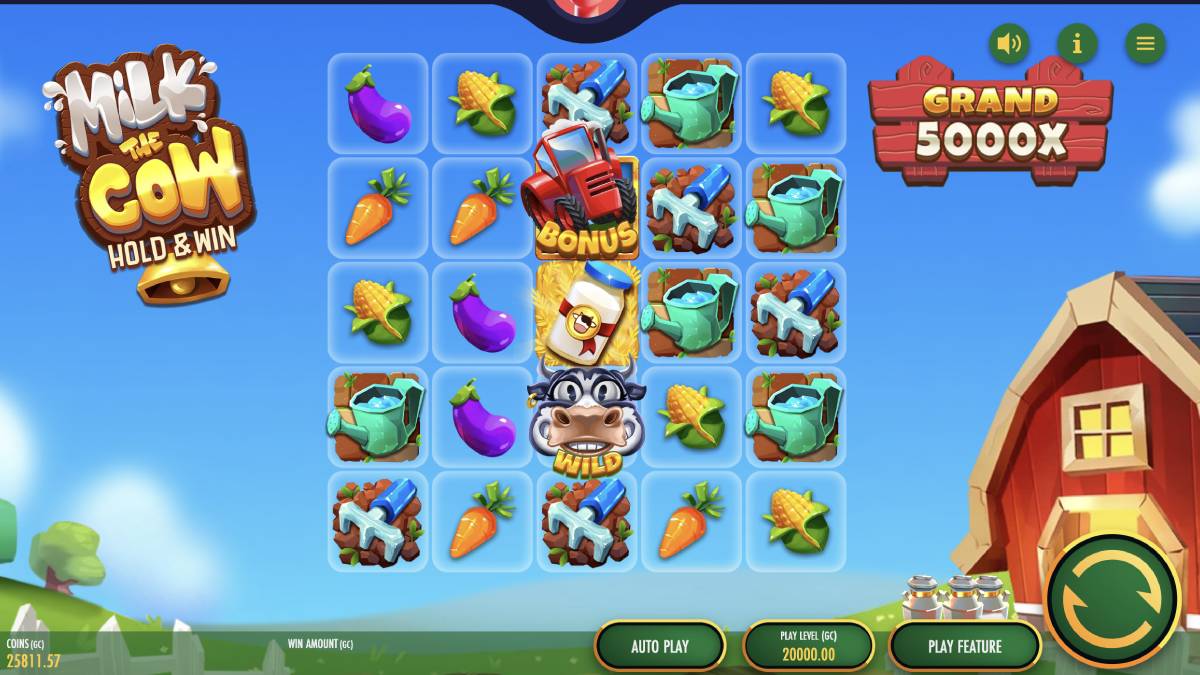 Screenshot of the Milk The Cow online slot game featuring a vibrant 5x5 grid with colorful farm symbols, including cows and crops, set against a sunny pasture backdrop.