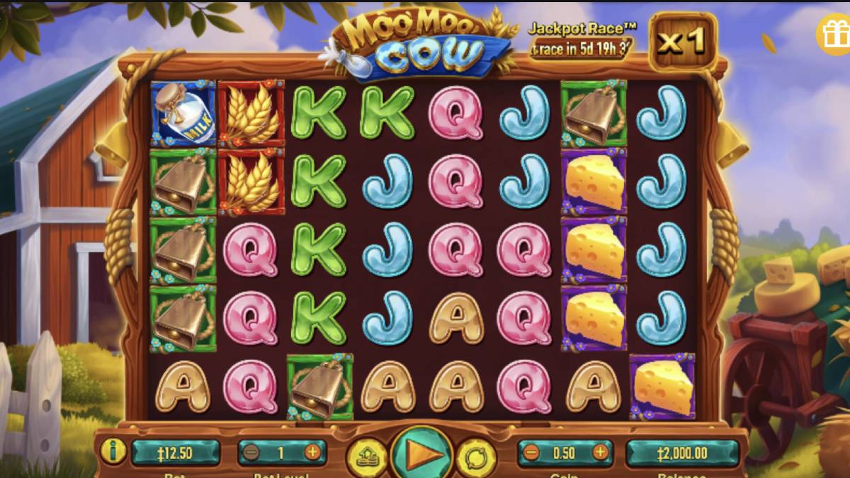 Screenshot of Moo Moo Cow online slot game you can play on National Milk Day featuring an 8-reel layout with whimsical dairy farm symbols like cows, milk bottles, and cheese, set in a playful countryside setting.