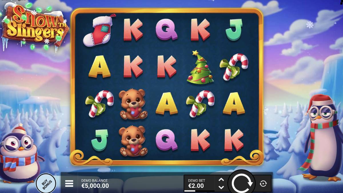 a fun way to ride out any winter storm is by playing the sweepstakes casino game Snow Slingers that features two penguins in a snowball fight.