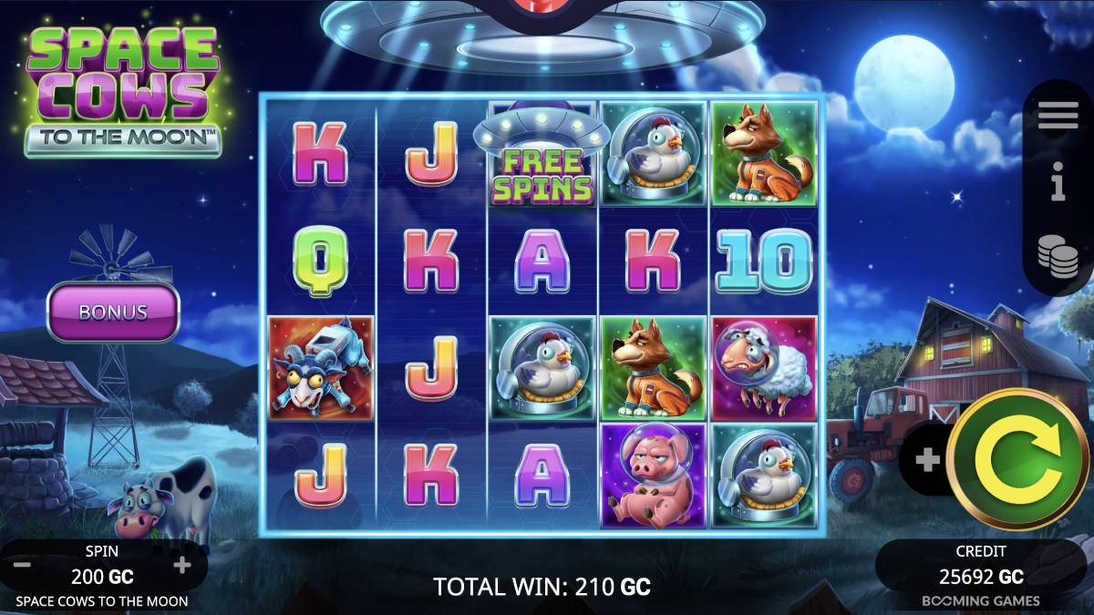 Screenshot of Space Cows To The Moo'n online slot game displaying vibrant farm animals in space helmets on a 5-reel grid, with a UFO and moonlit background for an amusing sci-fi farm adventure.