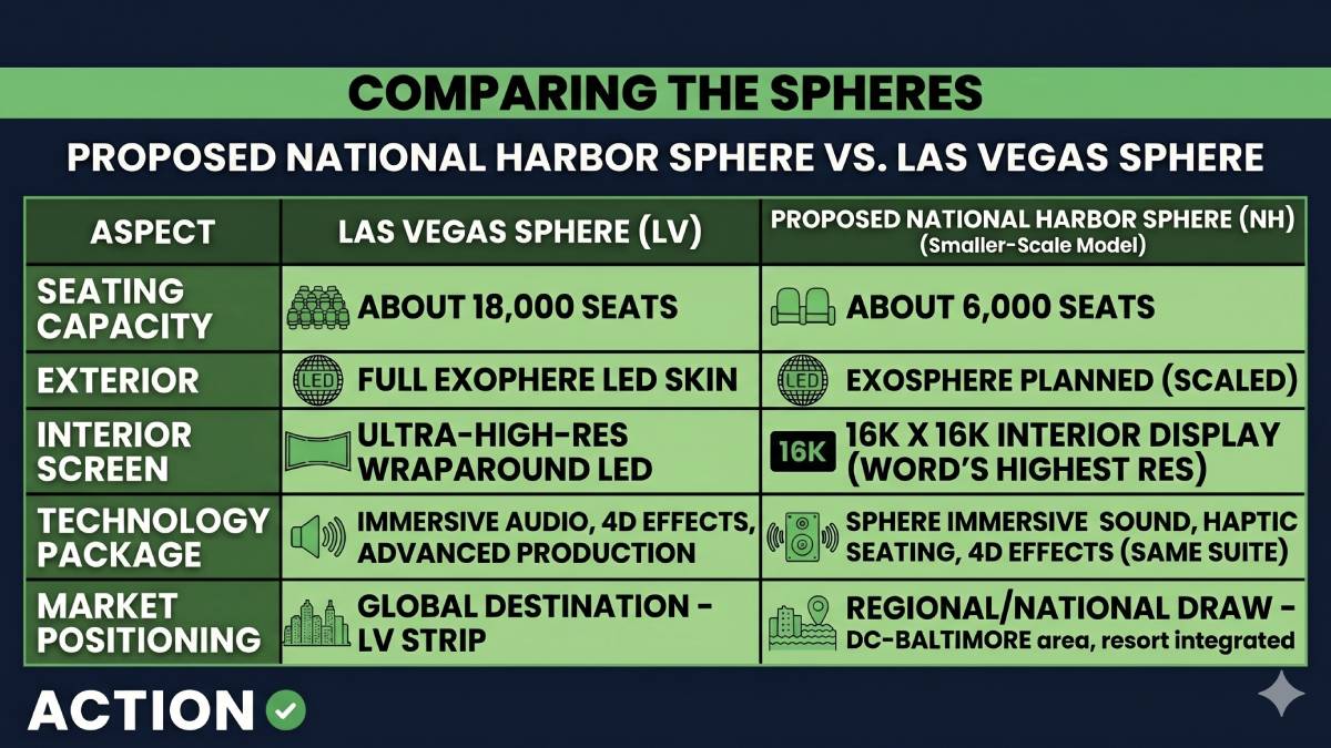 THE Las Vegas Sphere COMPARED TO THE Proposed National Harbor Sphere Seating capacity About 18,000 seats ​ About 6,000 seats (smaller-scale model) ​ Exterior Full Exosphere LED skin used for creative and branded content ​ Exosphere planned, same concept scaled to smaller venue ​ Interior screen Ultra-high-res wraparound LED display (proprietary spec) ​ 16K x 16K interior display, billed as world’s highest-resolution LED screen ​ Technology package Immersive audio, 4D effects, advanced production capabilities ​ Sphere Immersive Sound, haptic seating, 4D environmental effects; same tech suite in smaller house ​ Market positioning Global destination on the Las Vegas Strip ​ Regional/national draw for DC–Baltimore area, integrated with National Harbor resort cluster