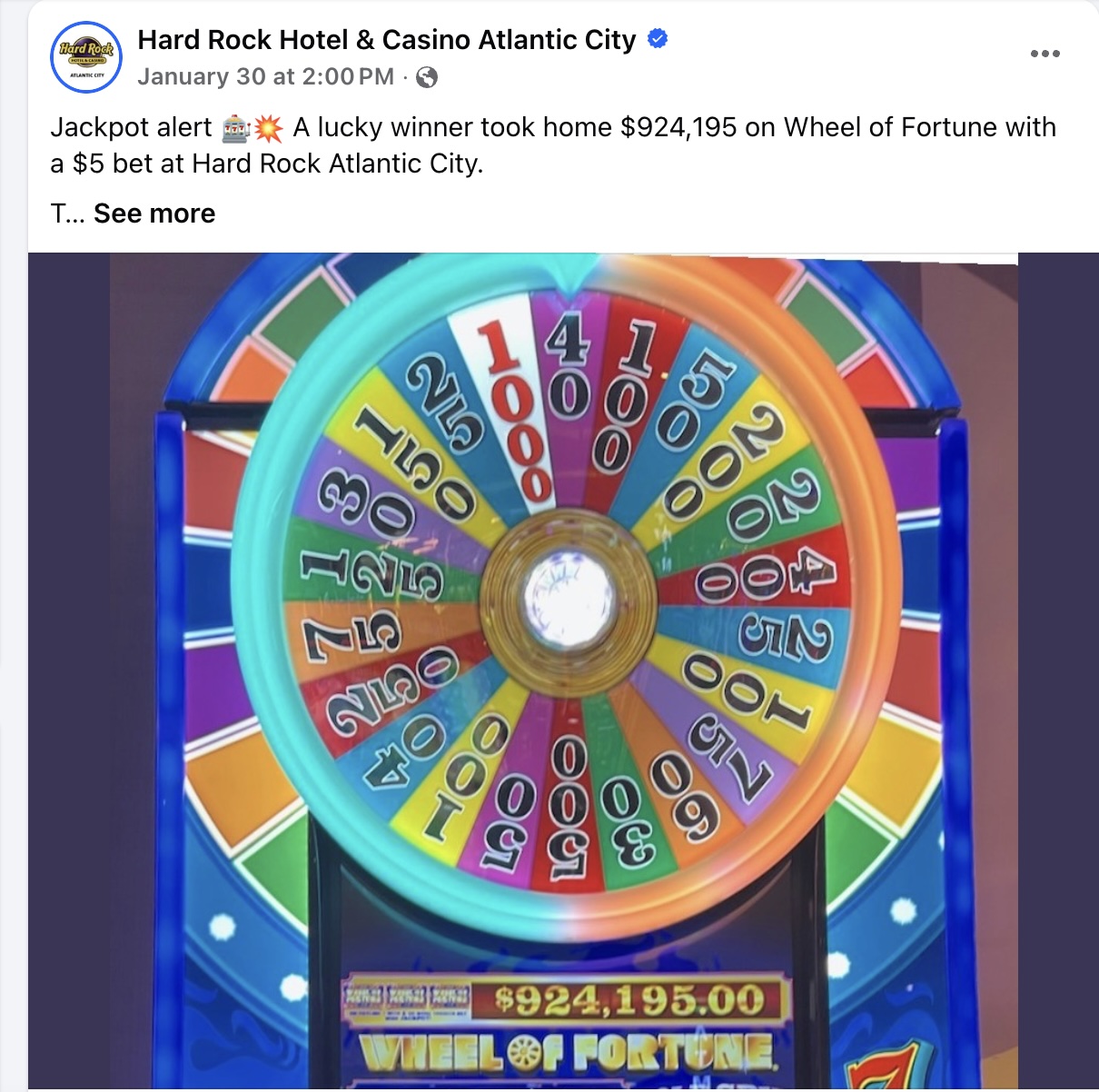 a woman from pennsylvania his a slot jackpot worth over $924,000 playing a wheel of fortune machine at Hard Rock Atlantic City