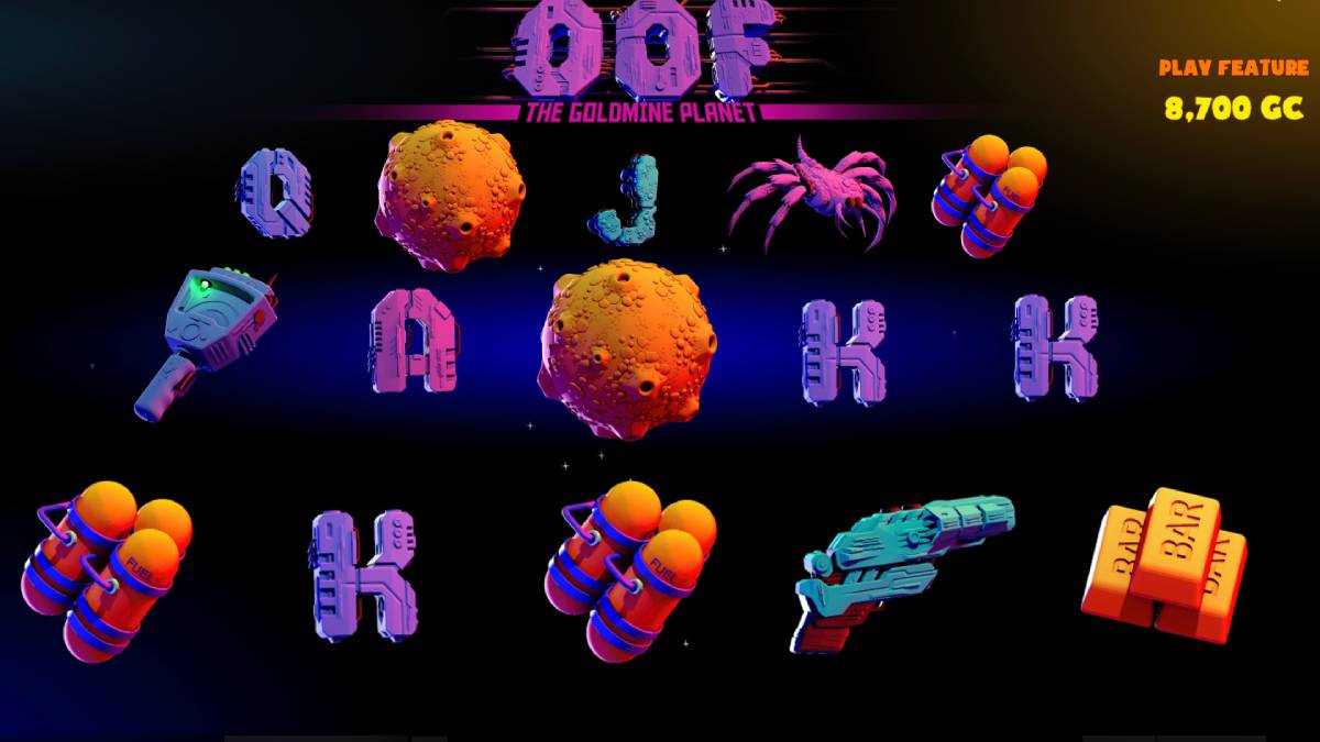 A vibrant scene from the OOF slot game by BGaming, set in deep space. The image features a 5x3 grid filled with colorful galaxy symbols, including Wilds and Scatters. Gold bars are prominently displayed, representing the treasures players aim to collect. The backdrop showcases a stunning cosmic view, enhancing the intergalactic adventure theme.