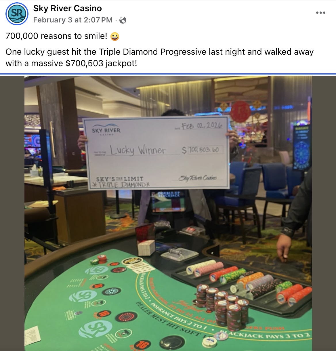 According to casino officials, the winning hand paid out $700,503.60, marking the highest BSX Triple Diamond Progressive jackpot ever awarded at the sky river casino in elk california.