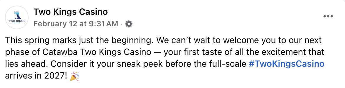 The Catawba Two Kings Casino in North Carolina (also known as Catawba Two Kings Casino Resort) is a major $1 billion development by the Catawba Indian Nation in Kings Mountain—about 35 miles west of Charlotte