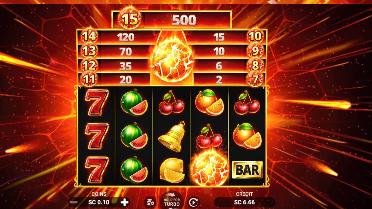 Screenshot of the Blazing Fireballs slot game interface, featuring a fiery theme with glowing symbols of fruits, golden bells, and flaming orbs on a vibrant, heated backdrop. The game reels are in motion, illustrating the exciting gameplay and rich visuals designed to evoke a sense of intense energy and anticipation.