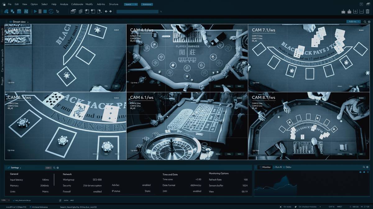 High-tech casino security camera equipped with AI technology for advanced surveillance in a casino setting.