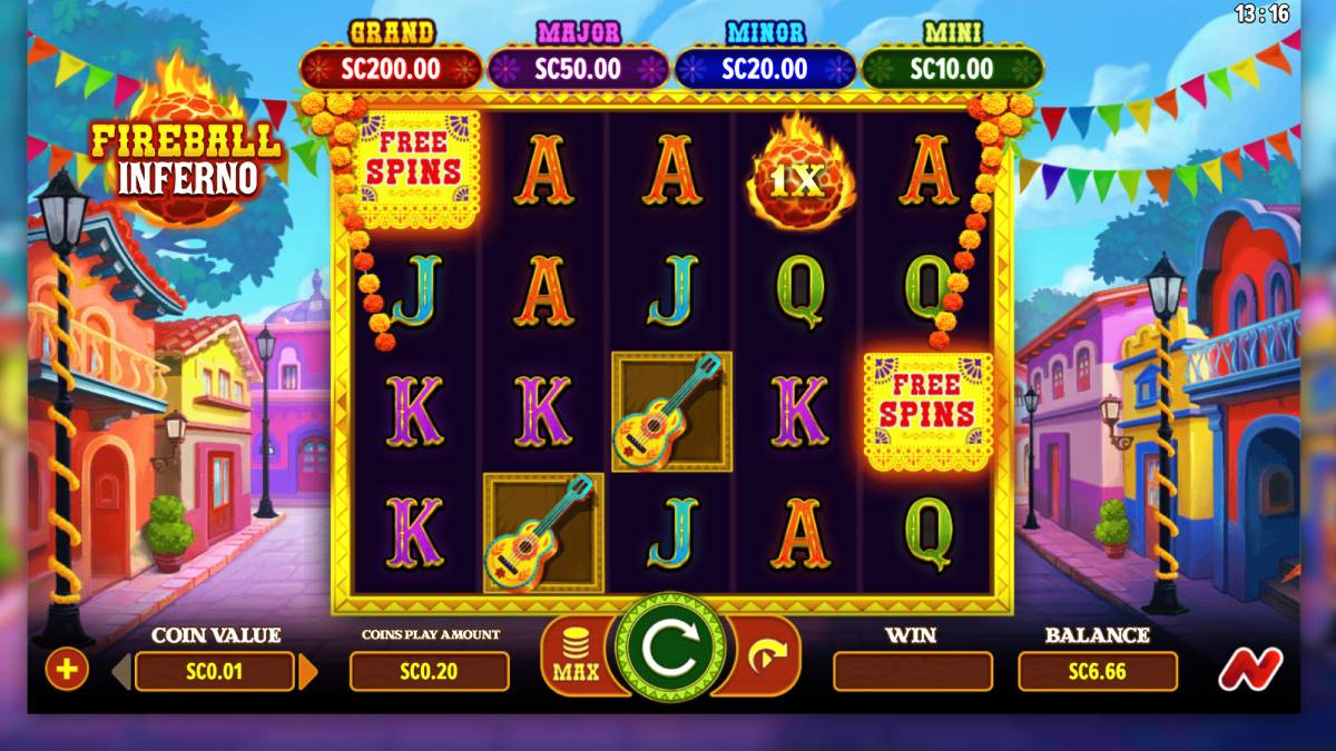 Screenshot of the Fireball Inferno slot game, showcasing a dynamic 5x4 reel layout set against a vibrant tropical backdrop. The interface is filled with colorful symbols, including tiki masks, blazing fireballs, and cultural elements like tacos, all contributing to a fiery island adventure theme. The game screen captures the excitement and visual intensity of the slot's play.