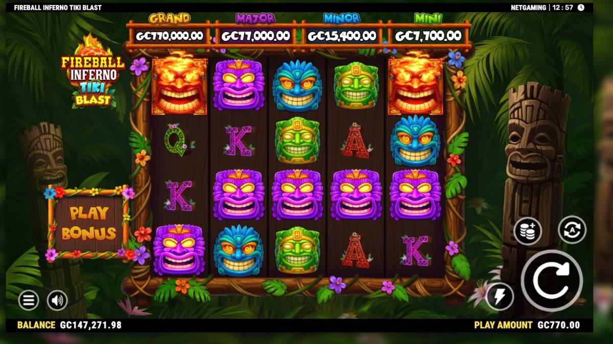 Image of the Fireball Inferno: Tiki Blast slot game featuring a lively 5x4 reel setup against a tropical island backdrop. The screen displays vibrant symbols, such as tiki masks, fiery orbs, and treasure elements, all illuminated by volcanic visuals. The game's colorful and dynamic design captures the essence of a thrilling and exotic fiery island adventure."
