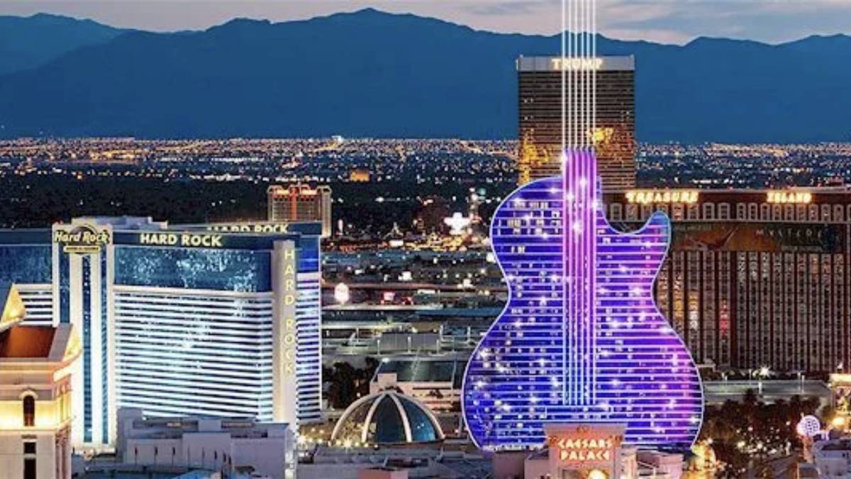 an image of the hard rock guitar hotel in las vegas that will feature extensive LED lighting and will cover the facade, with potential light shows choreographed to music.