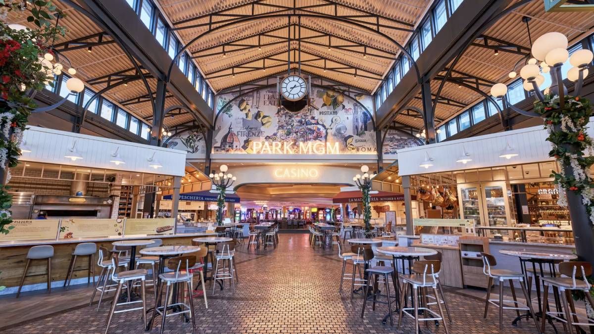 an image of the eataly, which is an area inside of Park MGM/NoMad hotel casino. It is a self serve area where you decide what to eat then order. You get buzzers when your food is ready.