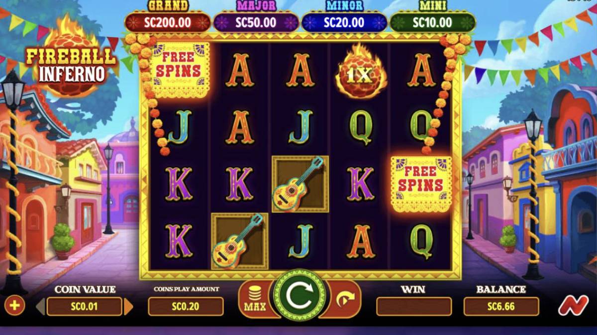 a screenshot of fireball inferno which is a sweepstakes casino game that people can play using gold coins or sweeps coins.