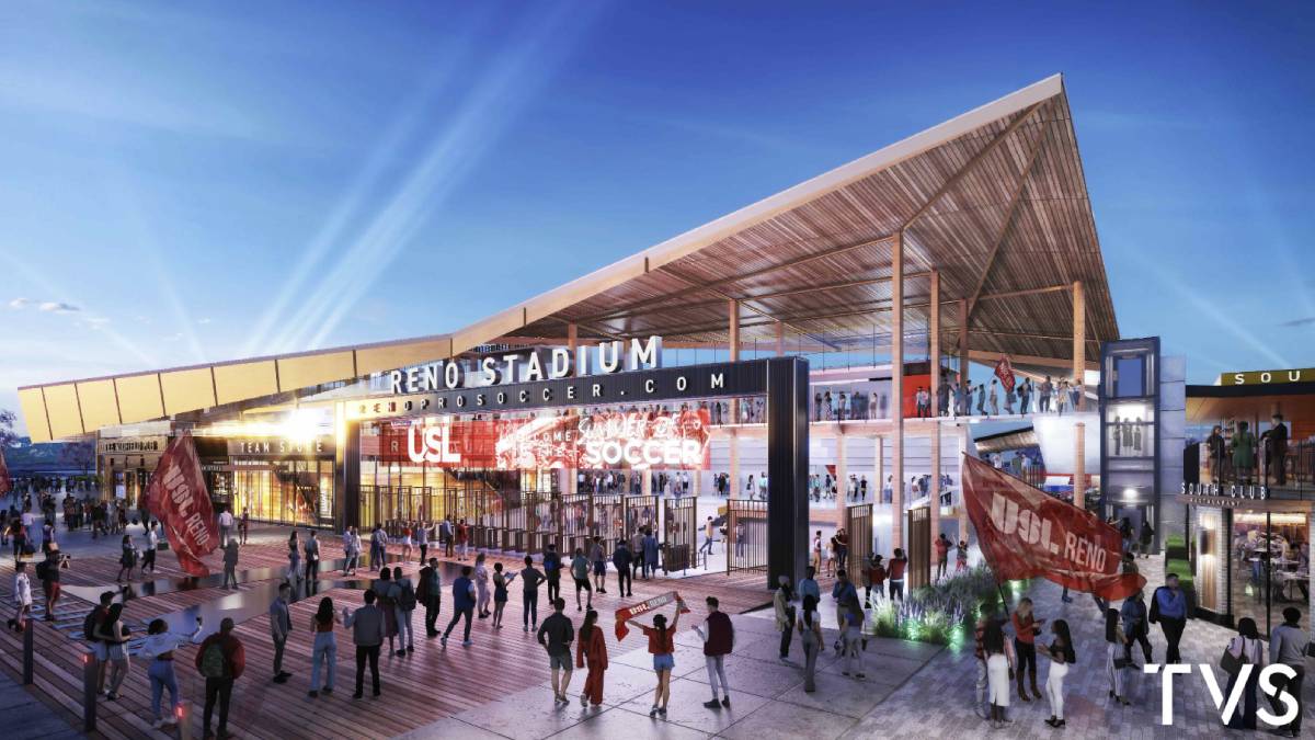 Image of Boulevard Reno illustrating the 6,000-seat soccer stadium, part of a 28-acre mixed-use development. Featured are a seven-story hotel and a 71,210-square-foot casino with over 38,000 square feet dedicated to gaming. The complex also includes a retail plaza, theater, and parking facilities, showcasing the unique integration of sports, entertainment, and hospitality.