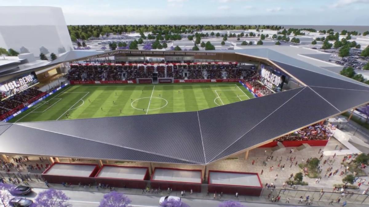 Image of the new stadium planned to host Reno Pro Soccer, a professional men's soccer team in the USL Championship, with games starting in the 2027 season.