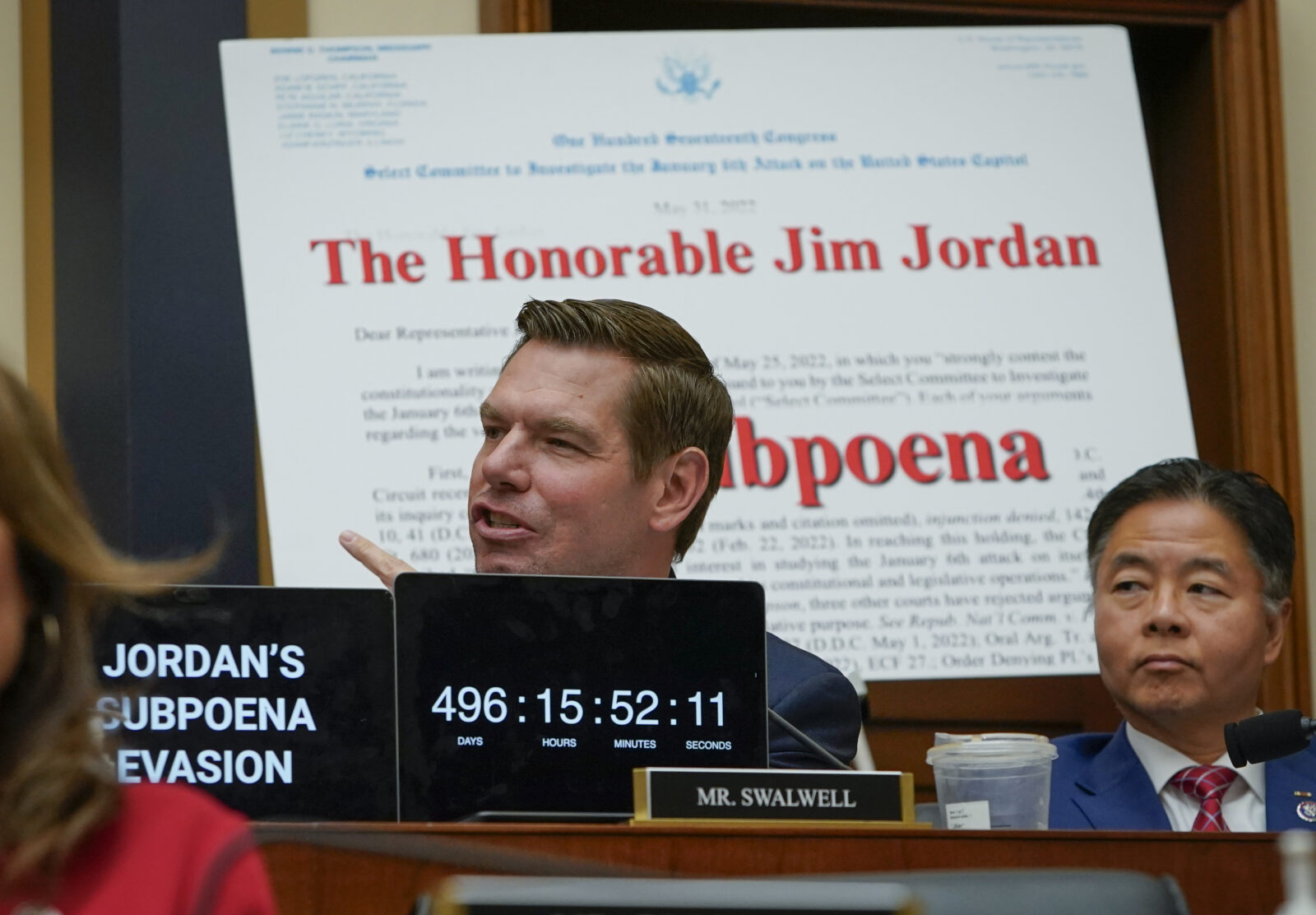 Sept. 20, 2023; Washington, D.C., USA - U.S. Rep. Eric Swalwell (D-CA), left, alongside Rep. Ted W. Lieu (D-CA), right, displaying a clock showing the number of days that Chairman Jim Jordan (R-OH) has declined to testify before Congress under a subpoena related to Jan. 6, 2021 during a hearing where Attorney General Merrick Garland appeared before House Judiciary Committee during hearing: Oversight of the U.S. Department of Justice on Sept. 20, 2023 in Washington, D.C.