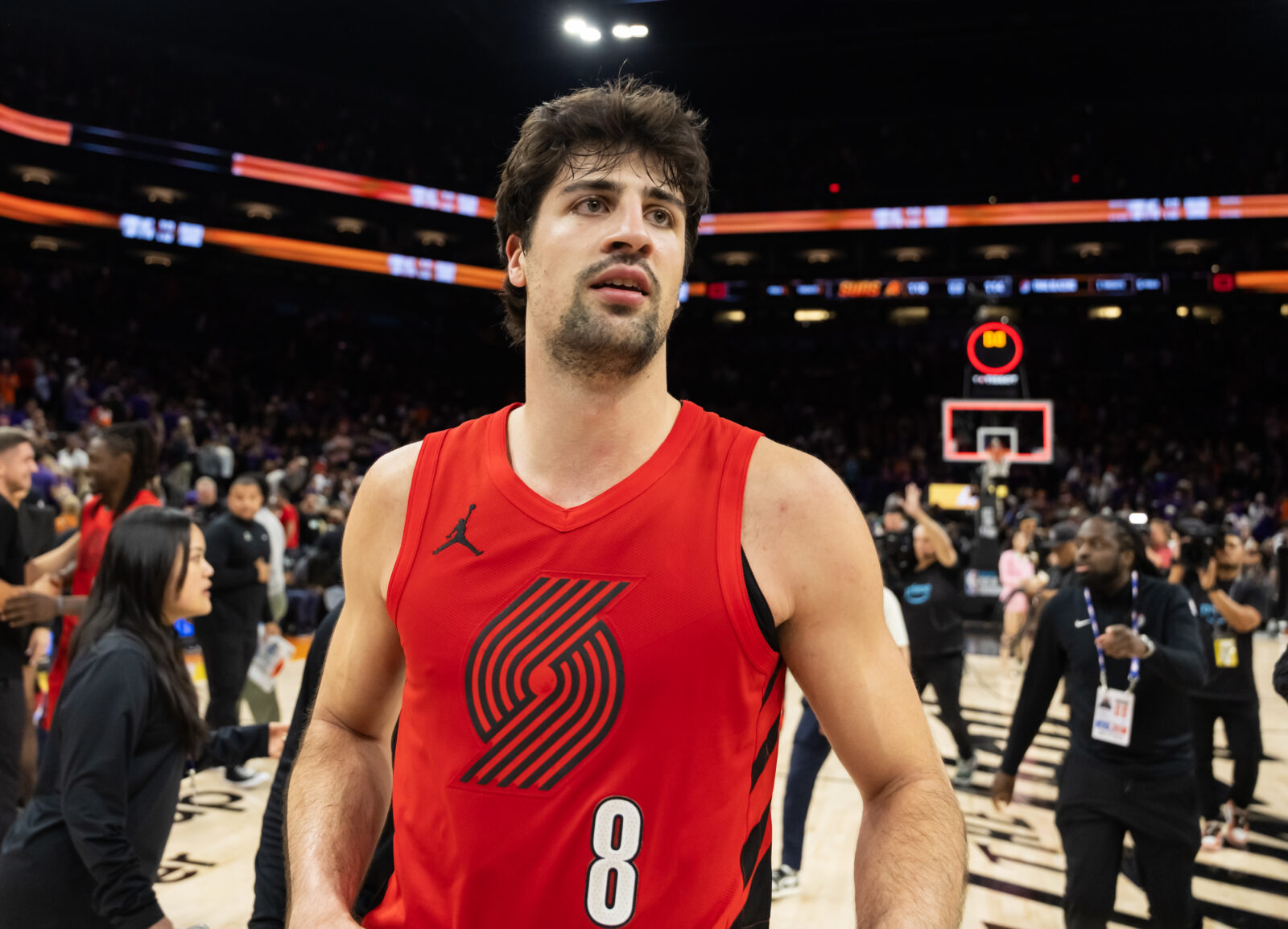 Apr 14, 2026; Phoenix, Arizona, USA; Portland Trail Blazers forward Deni Avdija (8) after defeating the Phoenix Suns in the play-in rounds of the 2026 NBA Playoffs at Mortgage Matchup Center.