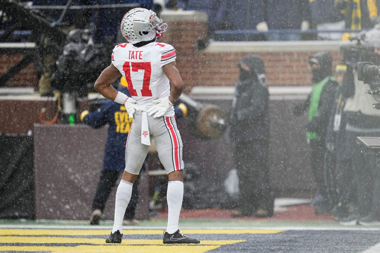 Ohio State Buckeyes wide receiver Carnell Tate celebrates a touchdown catch during the NCAA football game against the Michigan Wolverines at Michigan Stadium in Ann Arbor, Mich. on Nov. 29, 2025. Ohio State won 27-9.