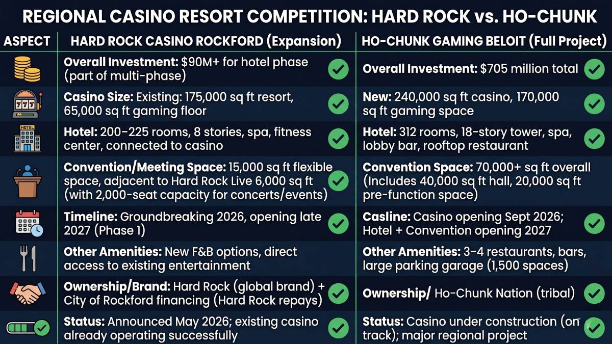 Hard Rock Casino Rockford announced plans on May 7, 2026, for a significant expansion that includes a new Hard Rock Hotel and attached convention center right next to the existing casino. 