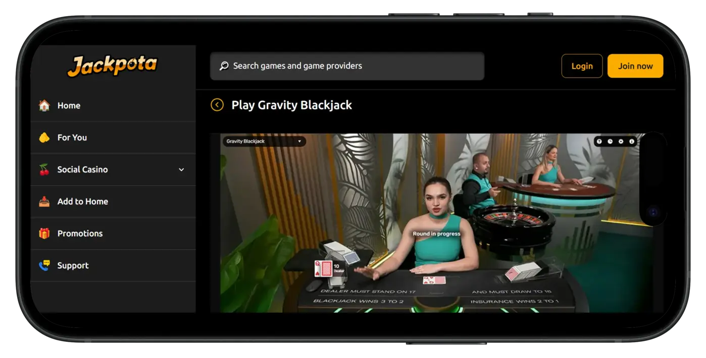 Jackpota - Best Social Casino games - Gravity Live Blackjack