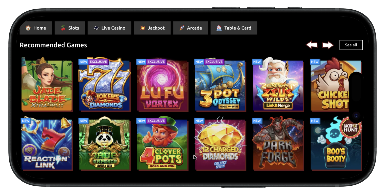 Hello Millions recommended games selection on mobile.