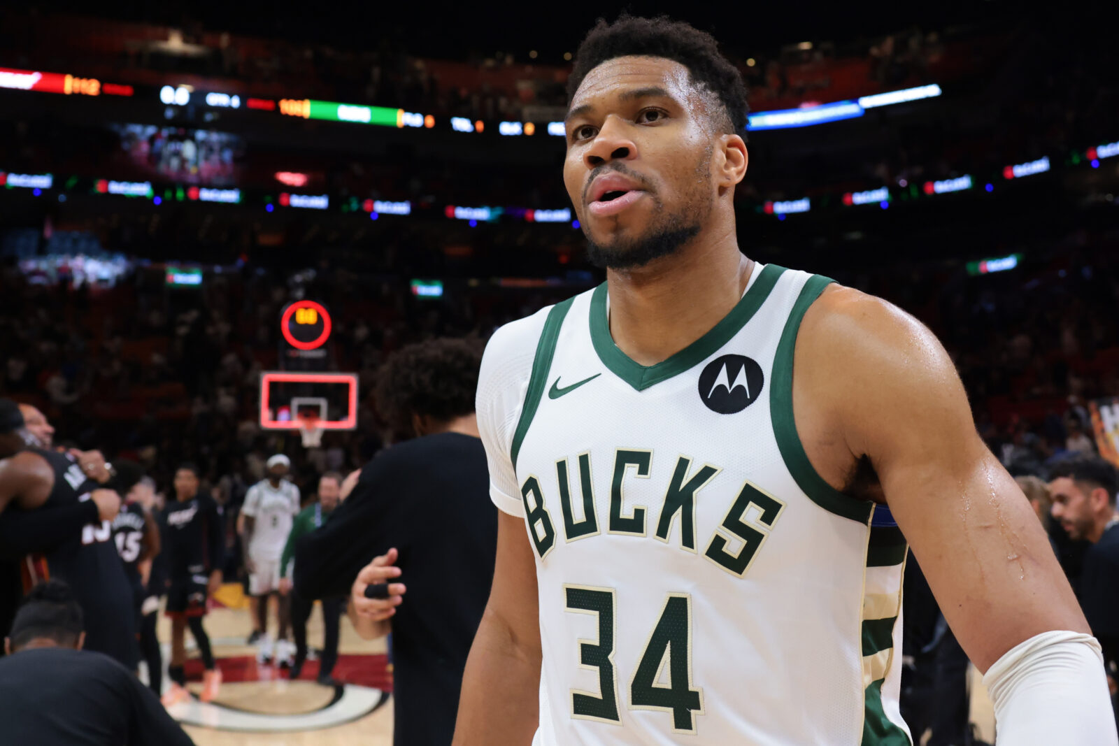 Milwaukee Bucks forward Giannis Antetokounmpo looks on after the game against the Miami Heat at Kaseya Center.