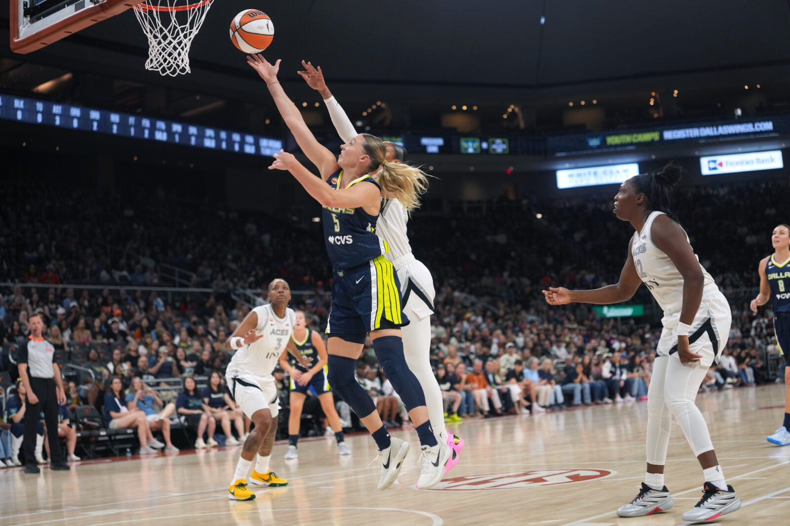 Dallas Wings guard Paige Bueckers drives to the basket during the first half against the Las Vegas Aces at Moody Center.