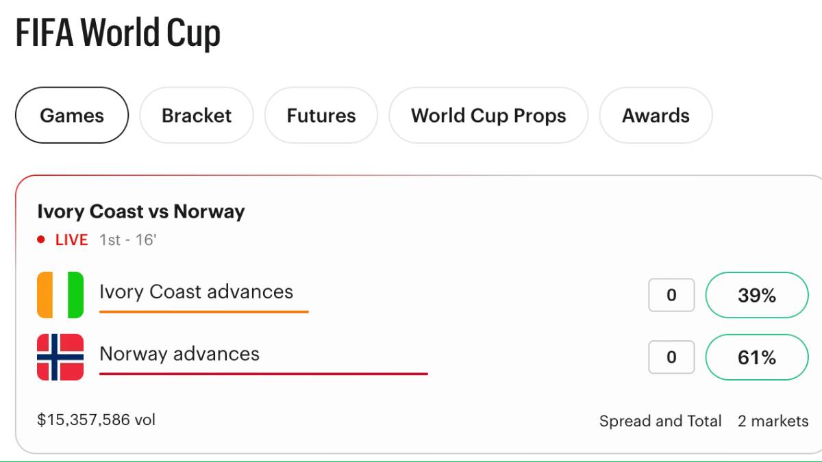 FIFA World Cup stadium with fans as prediction markets gain attention ahead of the 2026 tournament.