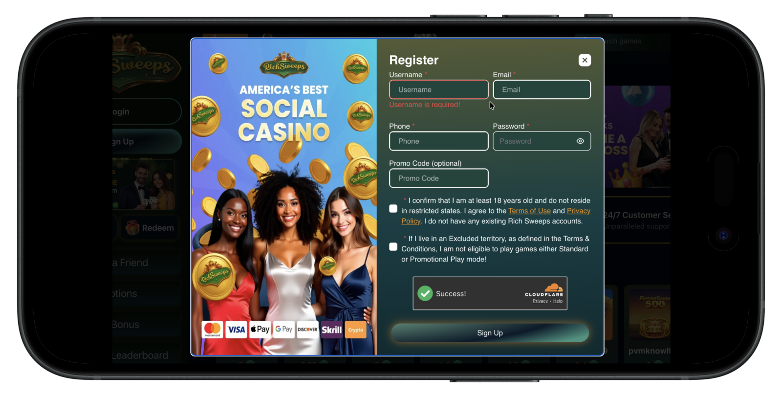 RichSweeps Casino sign up on mobile.