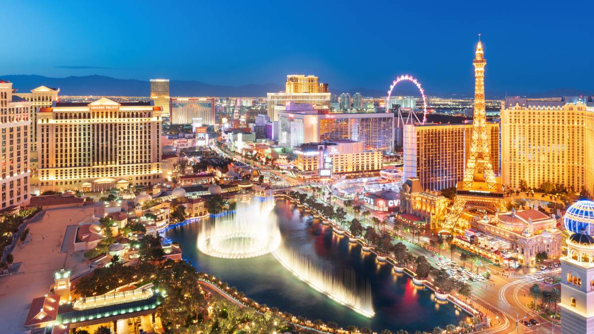 Skyline of the Las Vegas Strip showing major resorts and casinos that have been experiencing a tourism decline.