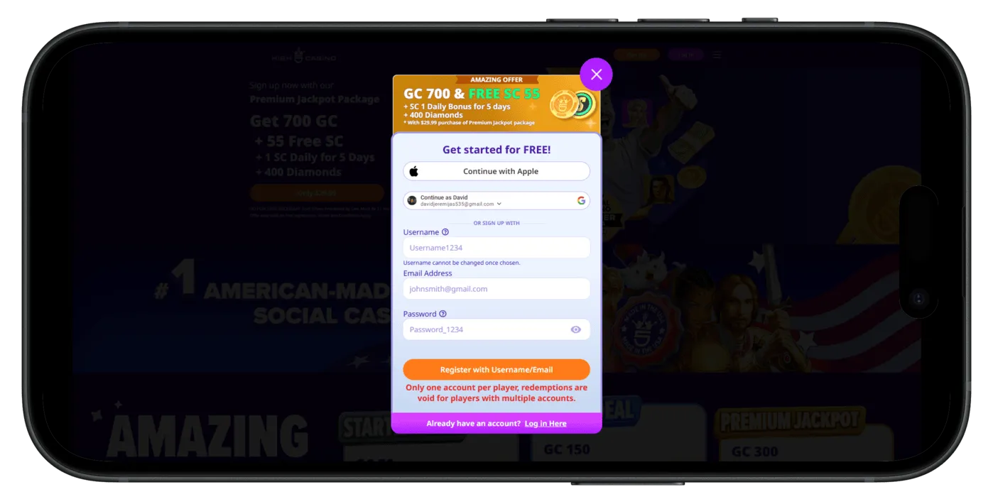 Sign up Process at High 5 Casino
