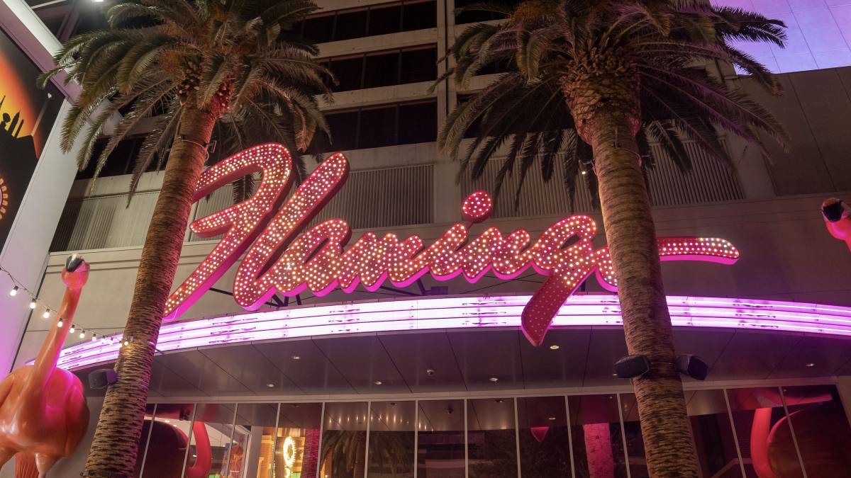 Flamingo Las Vegas hotel and casino exterior at night on the Las Vegas Strip.