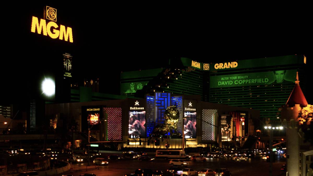 MGM Grand Las Vegas illuminated at night with neon signage and bustling Las Vegas Strip traffic.