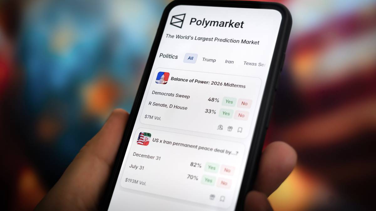 the predictions markets app polymarket displaying event contracts on political options.