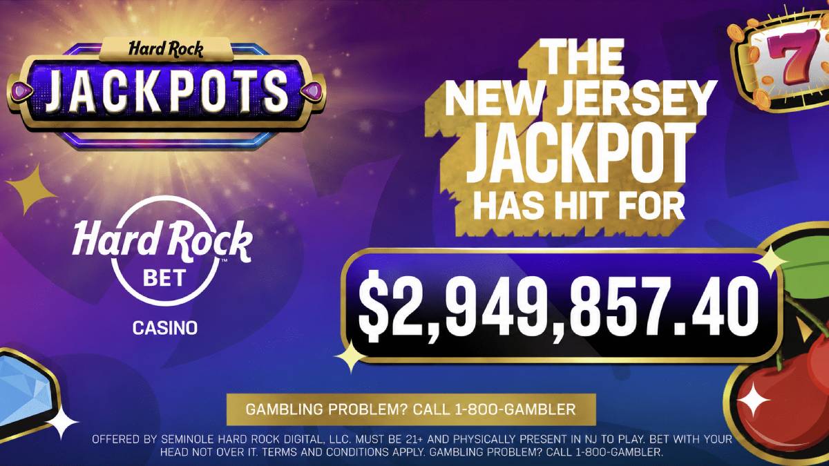 Hard Rock Bet logo highlighting a $2.9 million Mega Jackpot win
