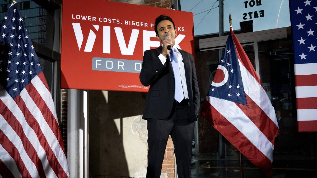 Vivek Ramaswamy, Republican candidate for Ohio governor, addresses supporters at a campaign event.