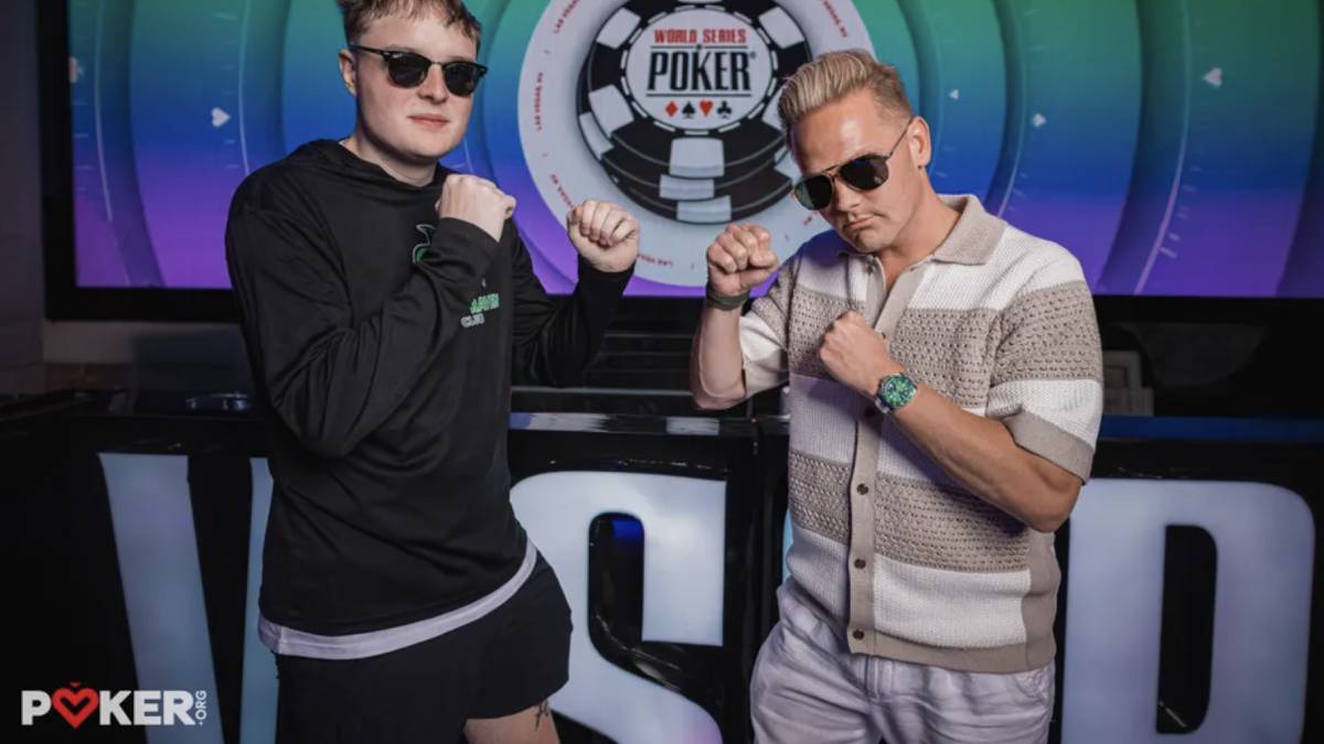 Lucas Jumalon and Lauri Saaskilahti heads-up at the WSOP Main Event final table in Las Vegas.