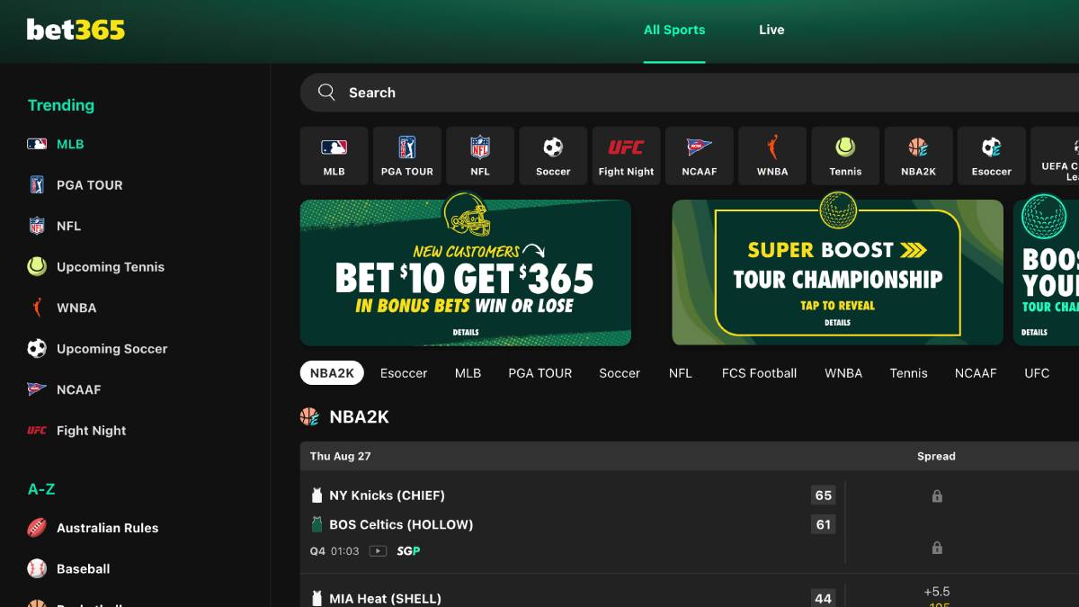 bet365 West Virginia mobile app showing sportsbook betting markets and online casino games