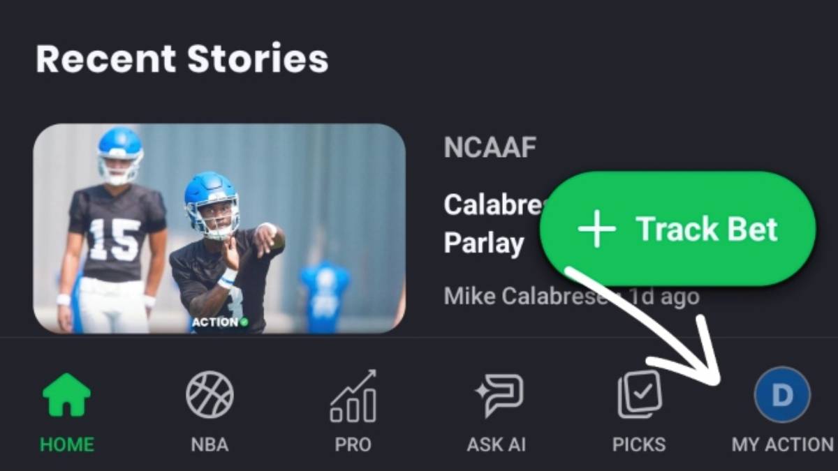 Screenshot of the Action app’s My Action screen showing bets imported via BetSync. BetSync only imports eligible sportsbook wagers for tracking; Action Network is not a sportsbook and does not support real-money betting in the app.