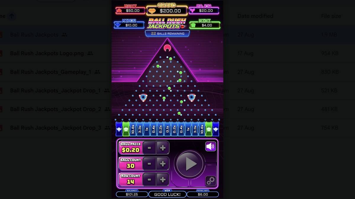 Ball Rush Jackpots game board at Caesars online casino with balls dropping through rows of pegs
