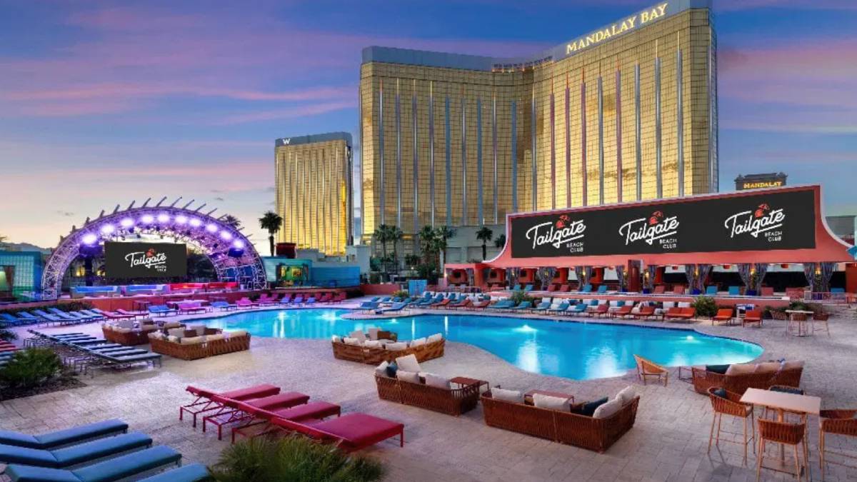 Outdoor BetMGM sportsbook wagering window at Tailgate Beach Club in Mandalay Bay