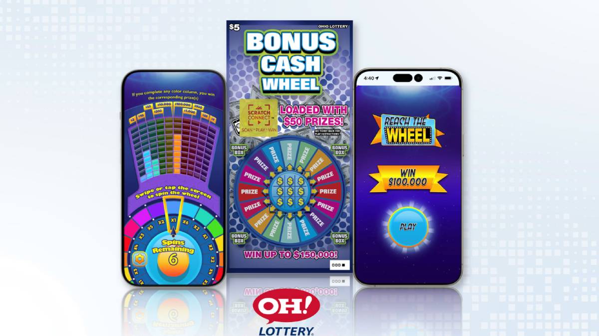 Ohio Lottery Bonus Cash Wheel scratch-off ticket with Scratch Connect QR code revealed, showing brick-to-click digital bonus game access.”
