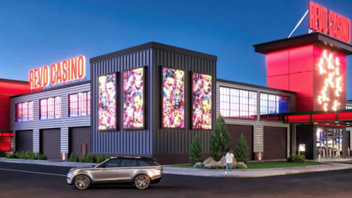 Conceptual site plan rendering showing proposed changes to the former Northland Dairy Bar property in Berlin New Hampshire, including a redesigned parking lot entrance, new sidewalks, landscaping, and updated lighting for the Revo Casino and Social House.