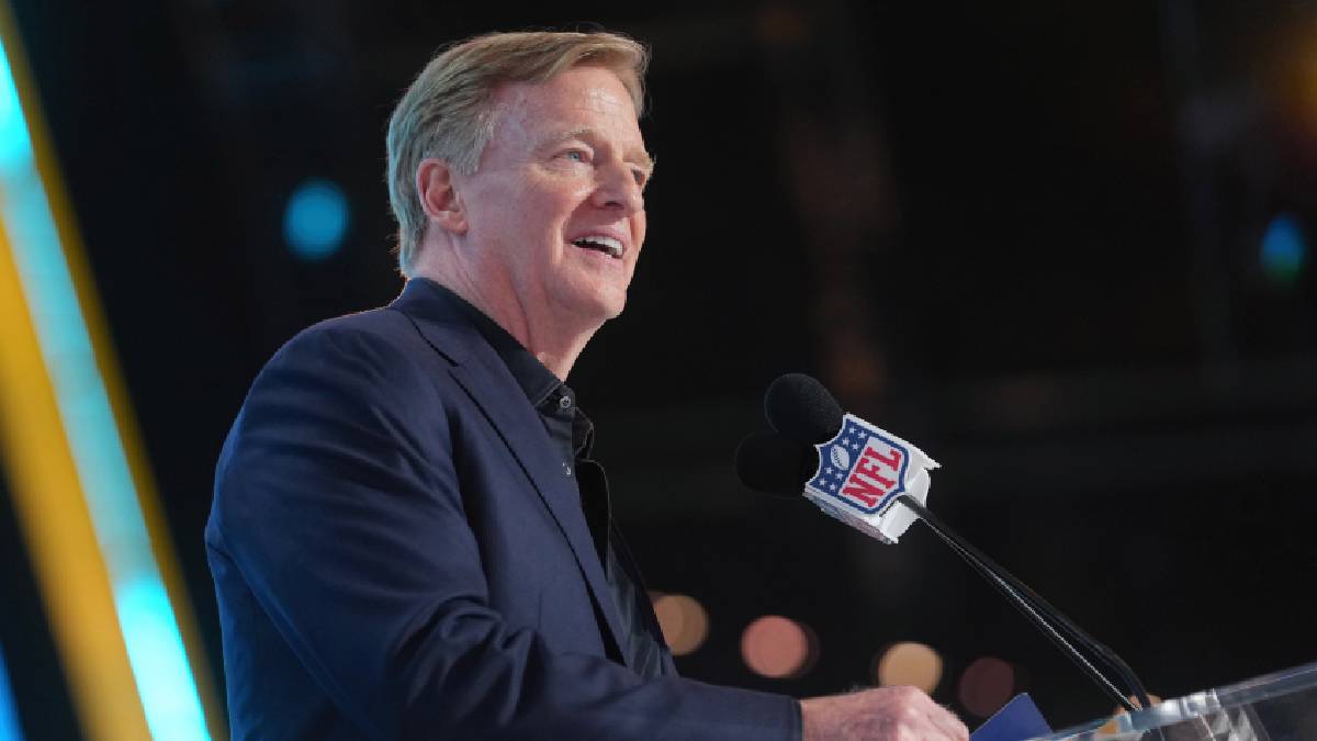 NFL Commissioner Roger Goodell speaks at a press event about the league’s approach to NFL prediction markets.