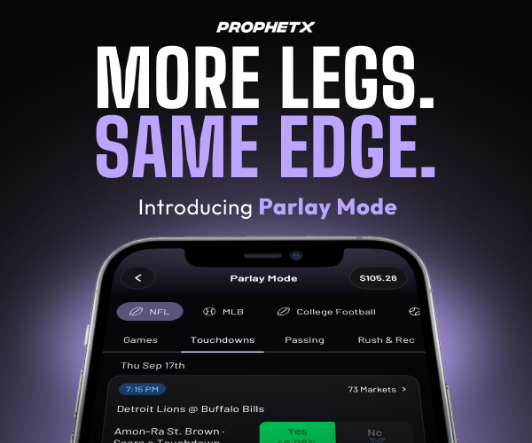 ProphetX app screen introducing Parlay Mode with a $105.28 balance shown.