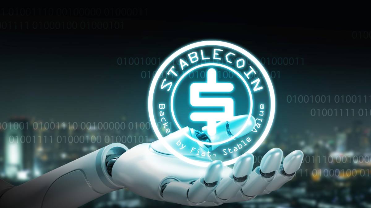 Stablecoin and digital dollar symbols beside a bank building, representing stablecoin provisions in the CLARITY Act.