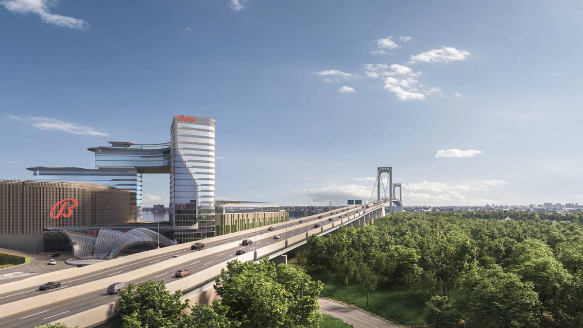 Rendering of the main entrance to Bally’s casino in the Bronx, with a large glass facade, guest drop-off area, landscaping, and pedestrians.