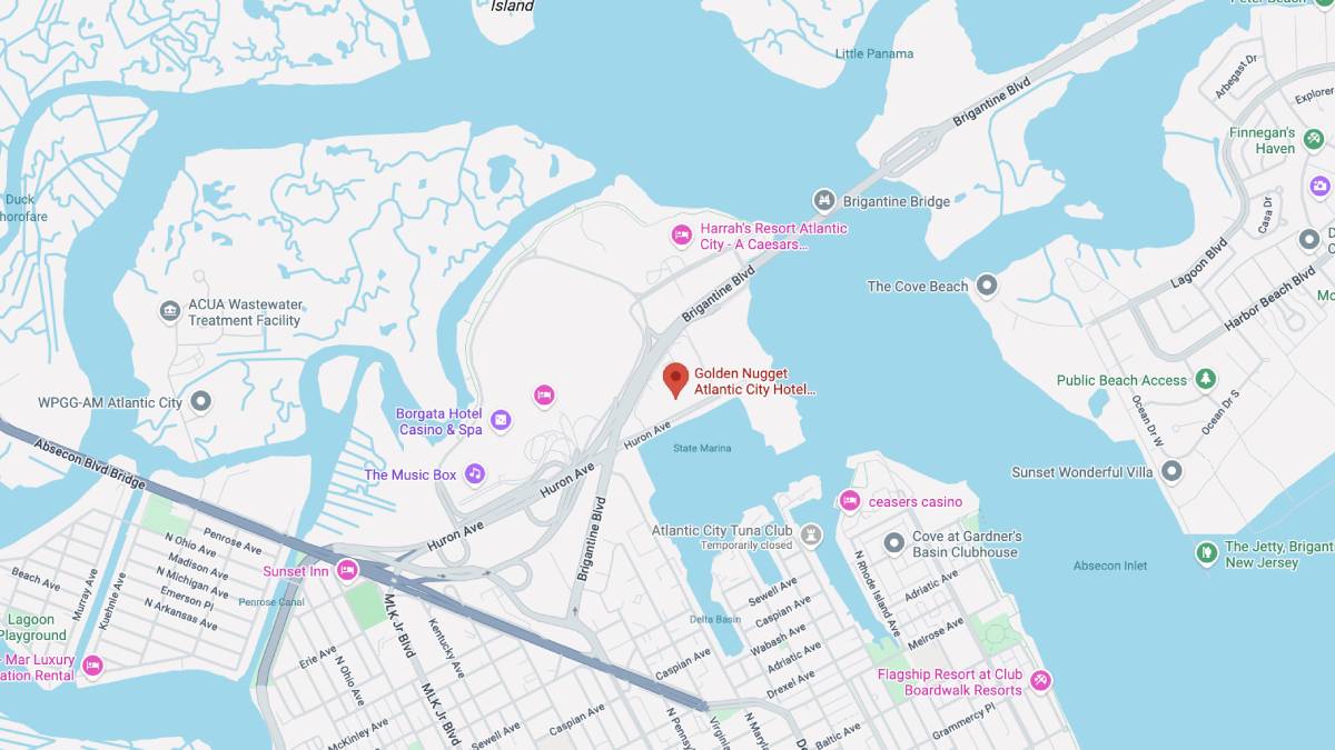 Atlantic City map showing the Boardwalk and the Golden Nugget, the proposed arrival area for a New York City ferry.