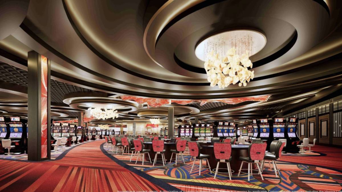 rendering of the newest casino in Virginia, the Live hotel and casino in petersburg, with slot machines and gaming tables inside Live! Casino Virginia in Petersburg.