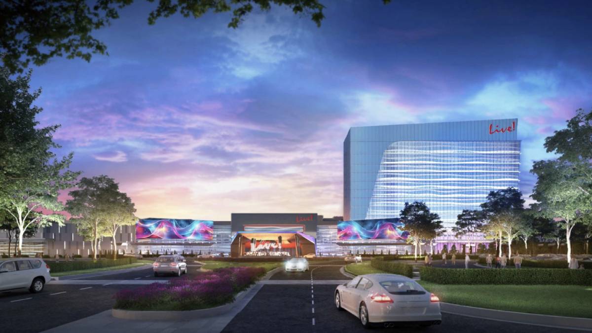 Rendering of the exterior of Live! Casino & Hotel Virginia in Petersburg, showing the hotel tower and casino entrance.