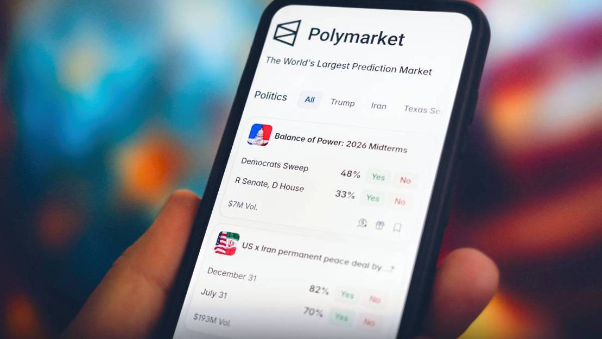 Polymarket app displaying prediction market contracts and trading options on a mobile device.
